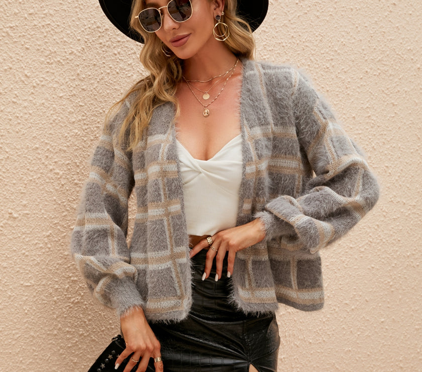 Open Front Plaid Long Sleeve Cardigan