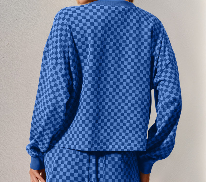 Double Take Checkered Half Button Top and Shorts Set