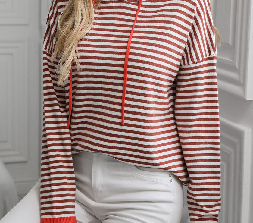 Mandy Striped Long Sleeve Hooded Knit Top