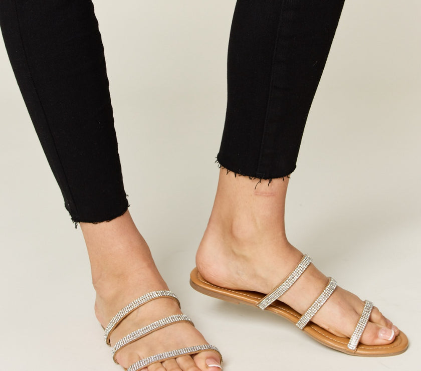 WILD DIVA Rhinestone Three-Strap Flat Sandals