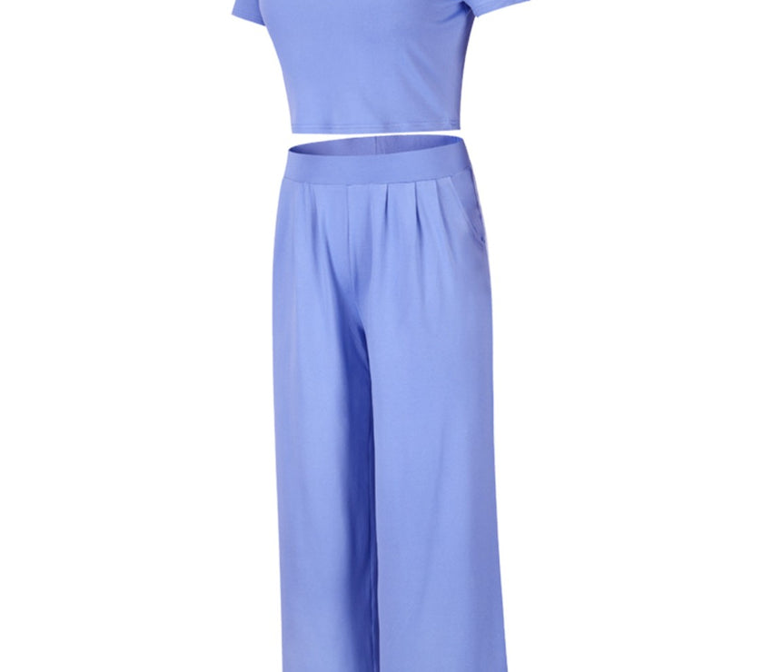 Round Neck Short Sleeve Top and Pocketed Pants Set