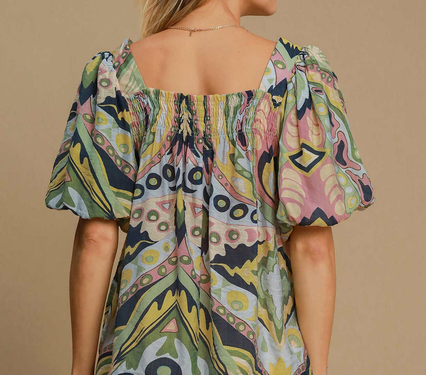 Umgee Full Size Abstract Print Smocked Square Neck Puff Sleeve Blouse