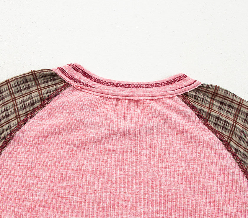 Plaid Floral Patchwork Round Neck Long Sleeve Top