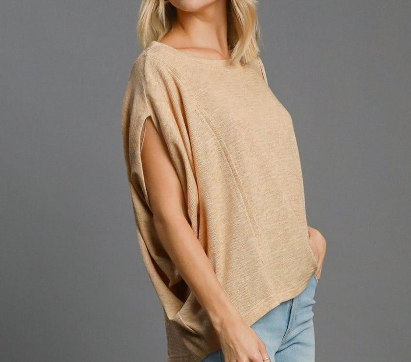 Umgee Exposed Seam Round Neck Batwing Sleeve Knit Top