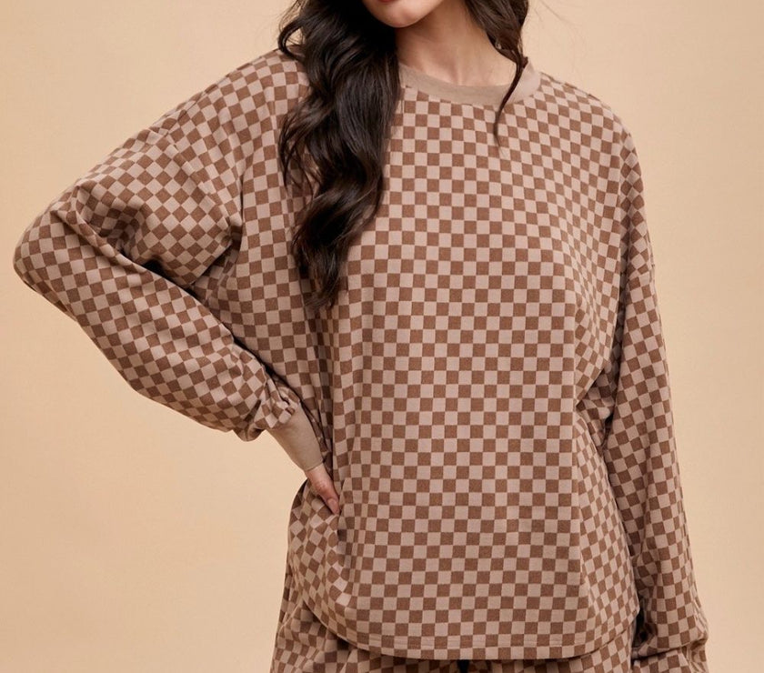 Annie Wear Checkered Round Neck Top and Drawstring Shorts Set