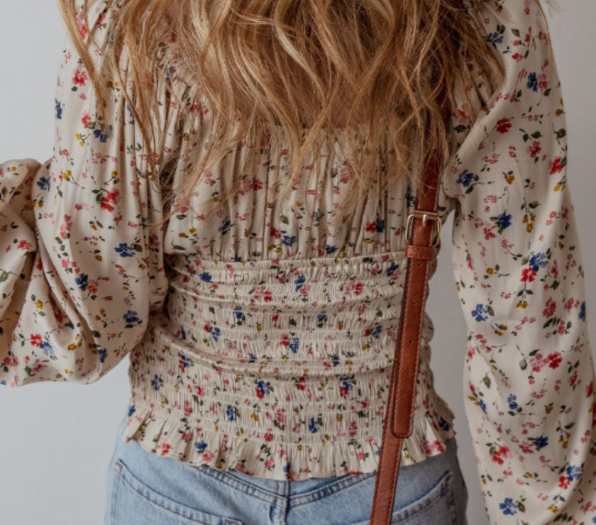 Ruched Printed Scoop Neck Long Sleeve Blouse