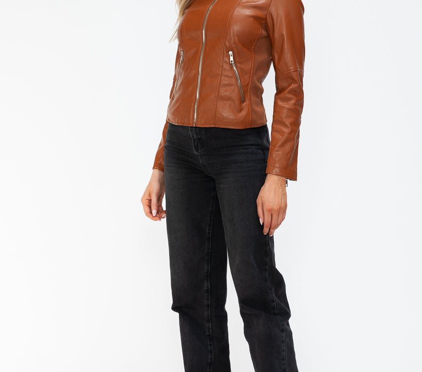 Snobbish Faux Leather Zip Up Drawstring Hooded Jacket