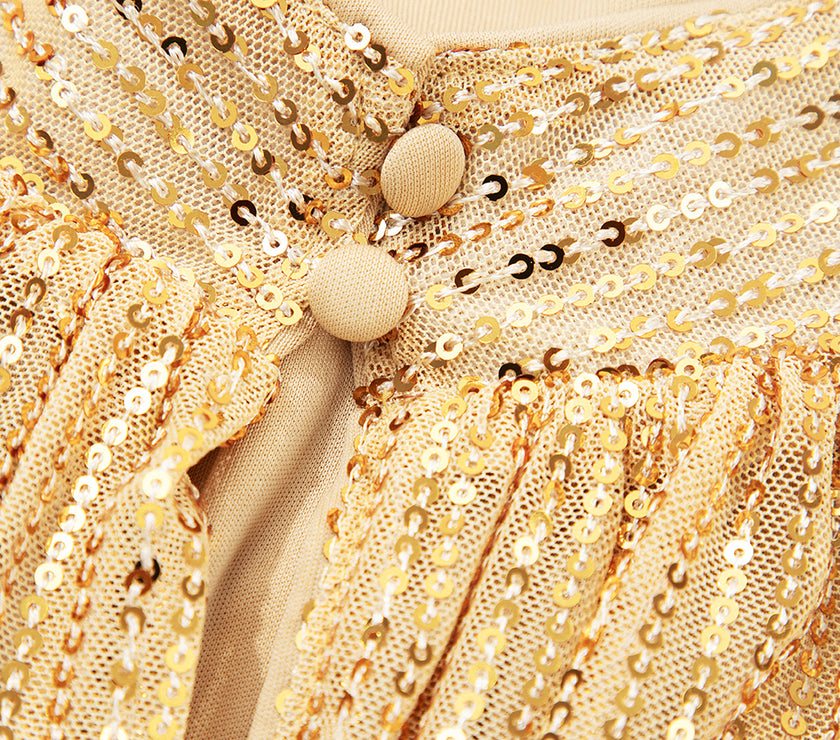 Gold Metallic Balloon Sleeve Buttoned High Neck Loose Blouse