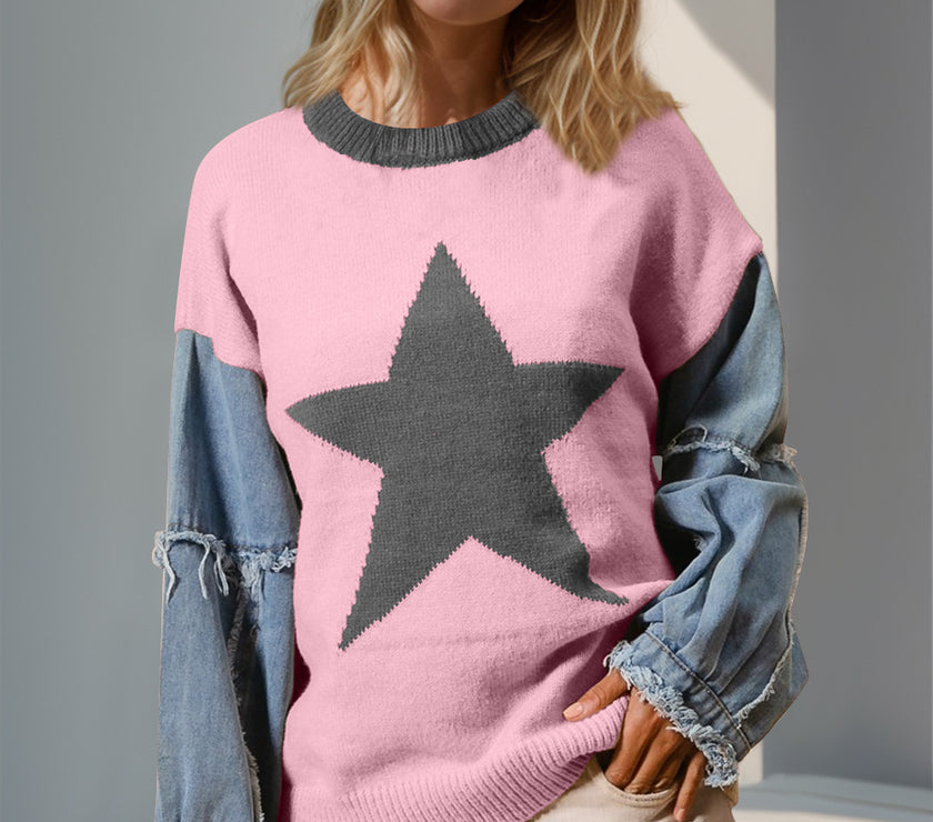 Double Take Full Size Star Pattern Raw Edge Long Sleeve Sweater