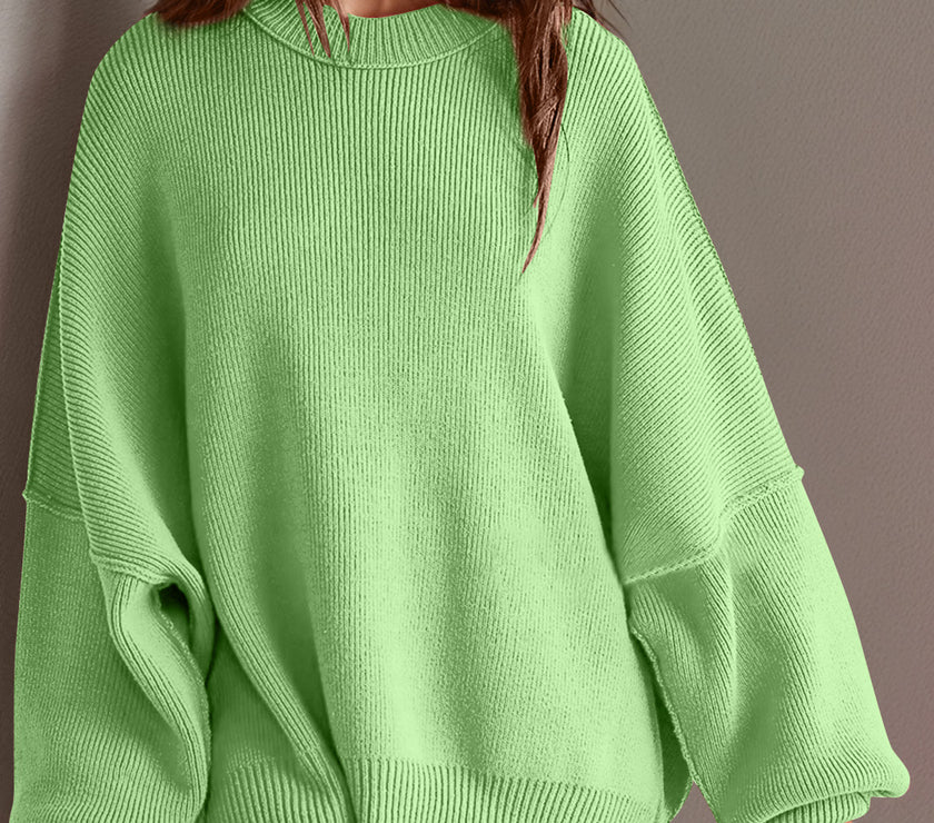Double Take Side Slit Round Neck Long Sleeve Sweater