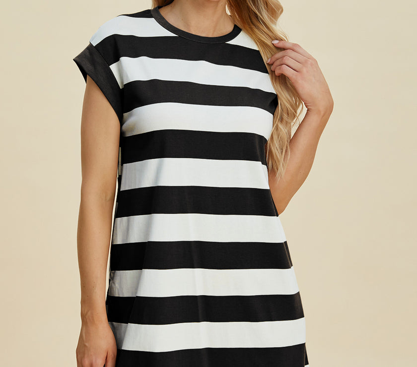 Basic Bae Full Size Striped Round Neck Cap Sleeve Mini Dress