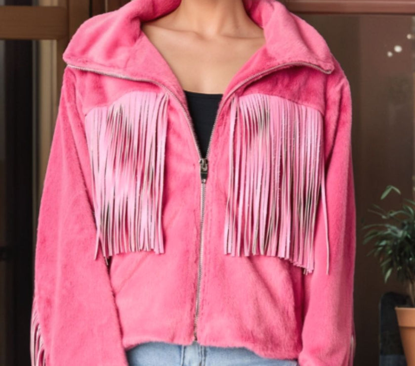 Fringed Zip Up Fleece Jacket