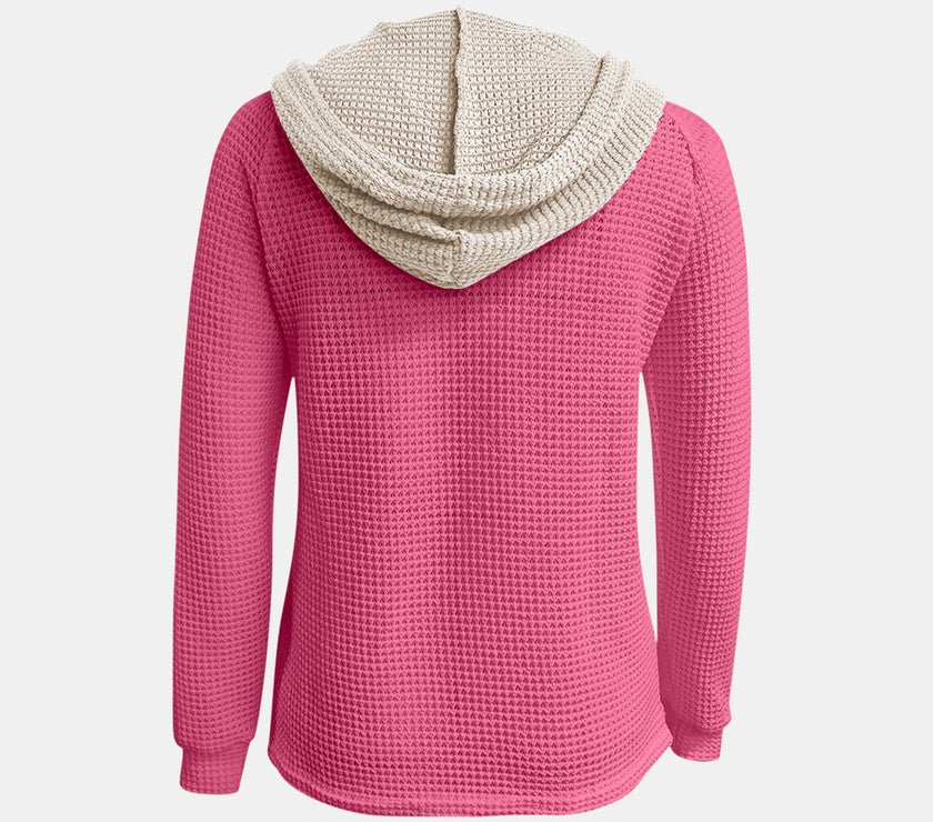Full Size Waffle-Knit Contrast Long Sleeve Hoodie