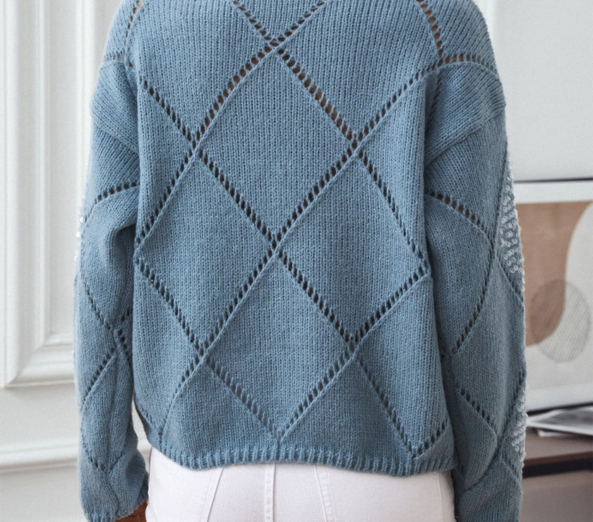 Openwork Round Neck Long Sleeve Knit Top