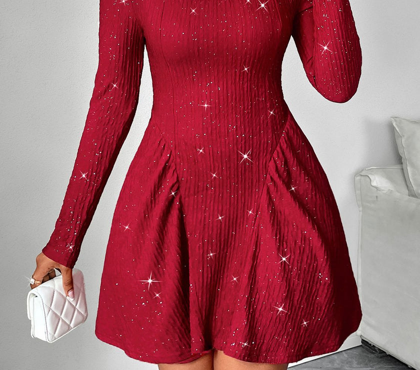 Backless Glitter Square Neck Long Sleeve Mini Dress