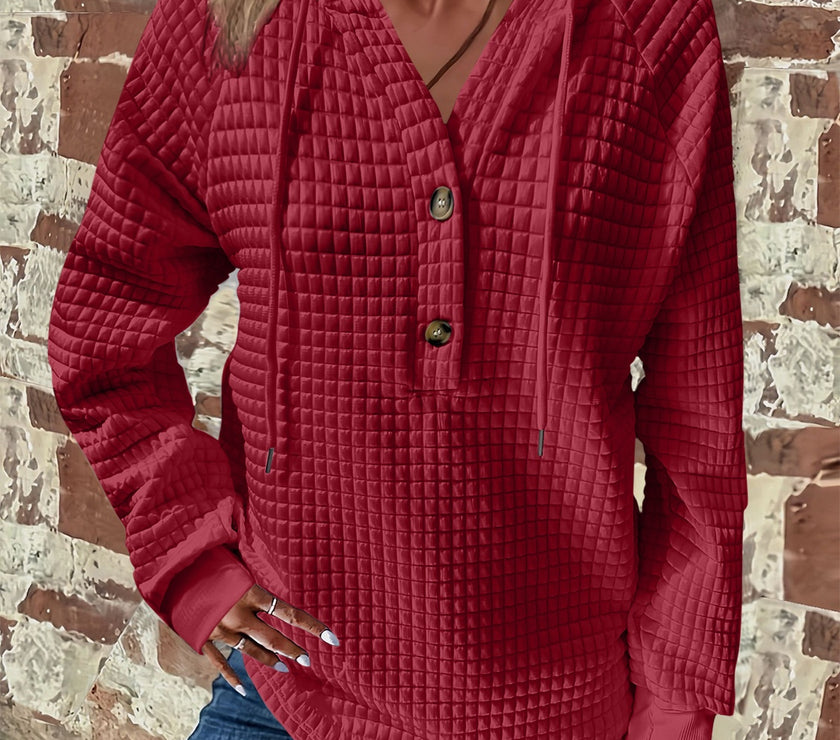 Full Size Texture Button Detail Drawstring Long Sleeve Hoodie