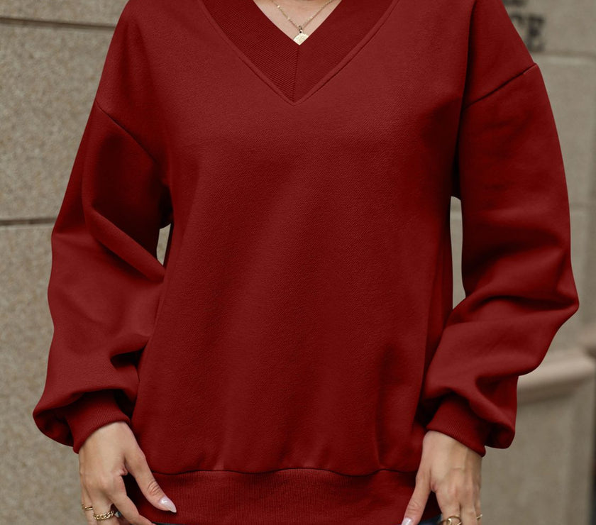 V-Neck Long Sleeve Dropped Shoulder Sweatshirt