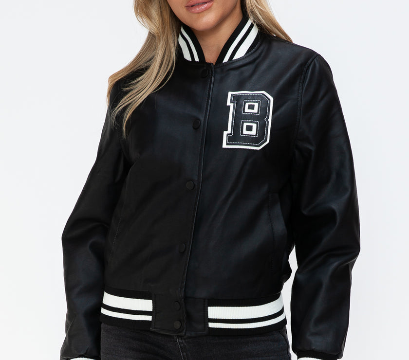 Love Me Now PU Leather Contrast Snap Down Bomber Jacket