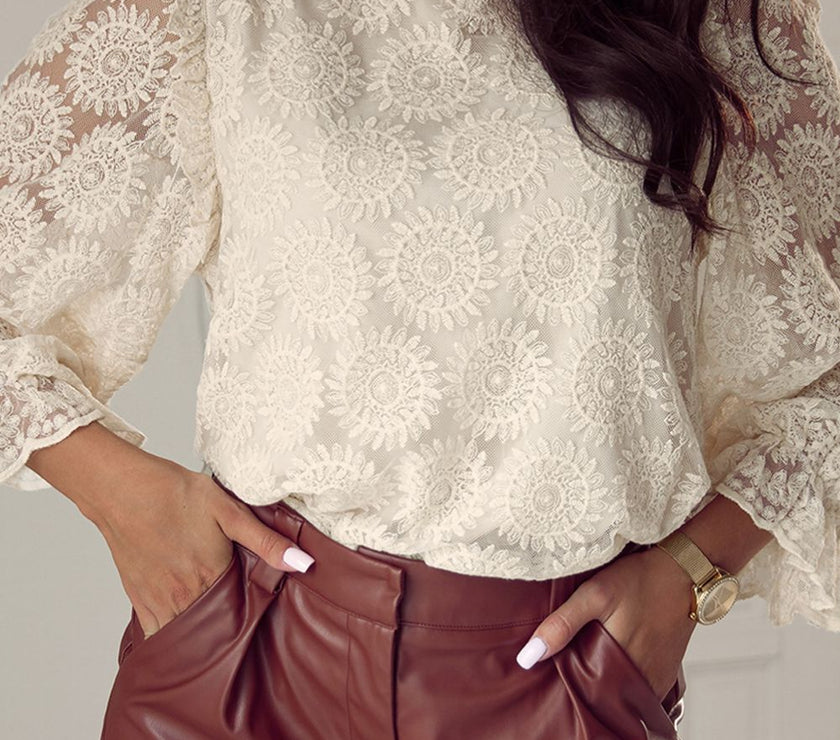 Flower Jacquard Flounce Sleeve Blouse