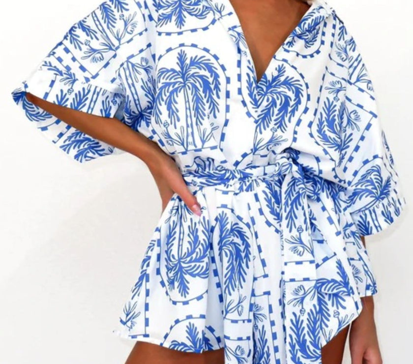 Printed Tie Waist Half Sleeve Romper
