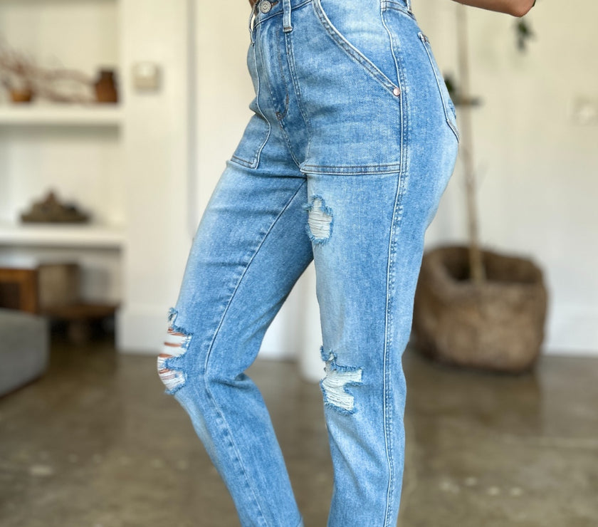 Judy Blue Full Size Distressed Straight Jeans with Patch Pockets