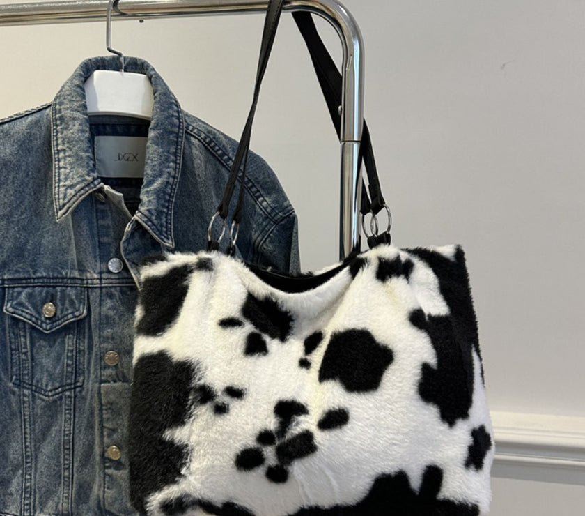 Cow Print Furry Tote Bag