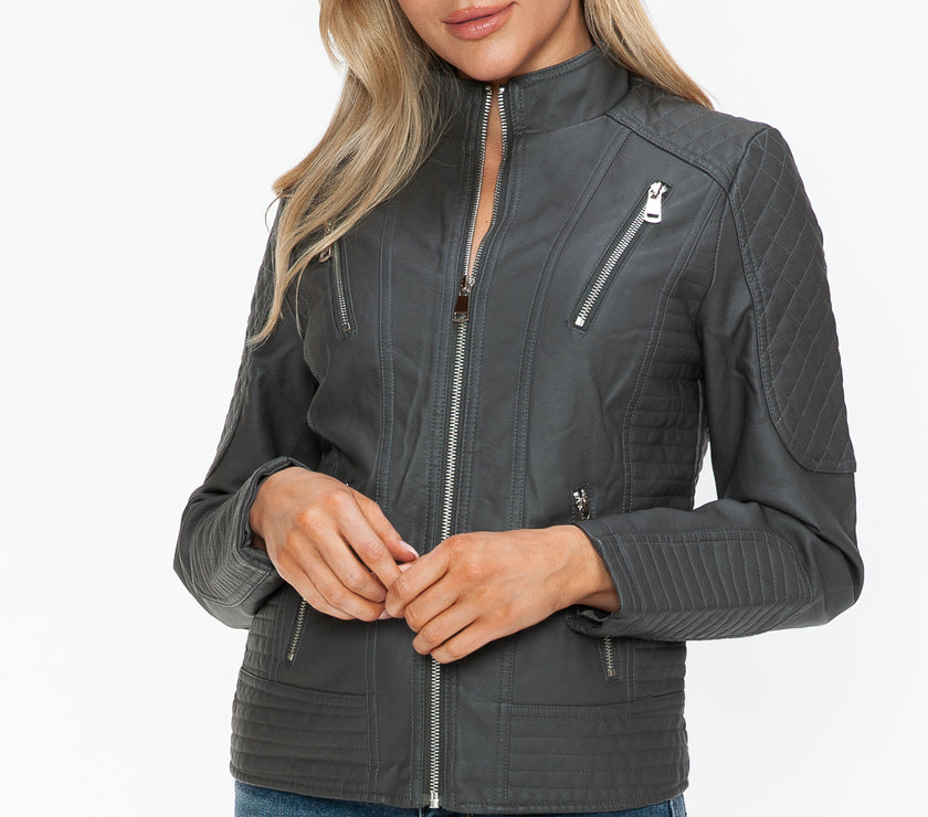 Snobbish Faux Leather Zip Up Mock Neck Jacket