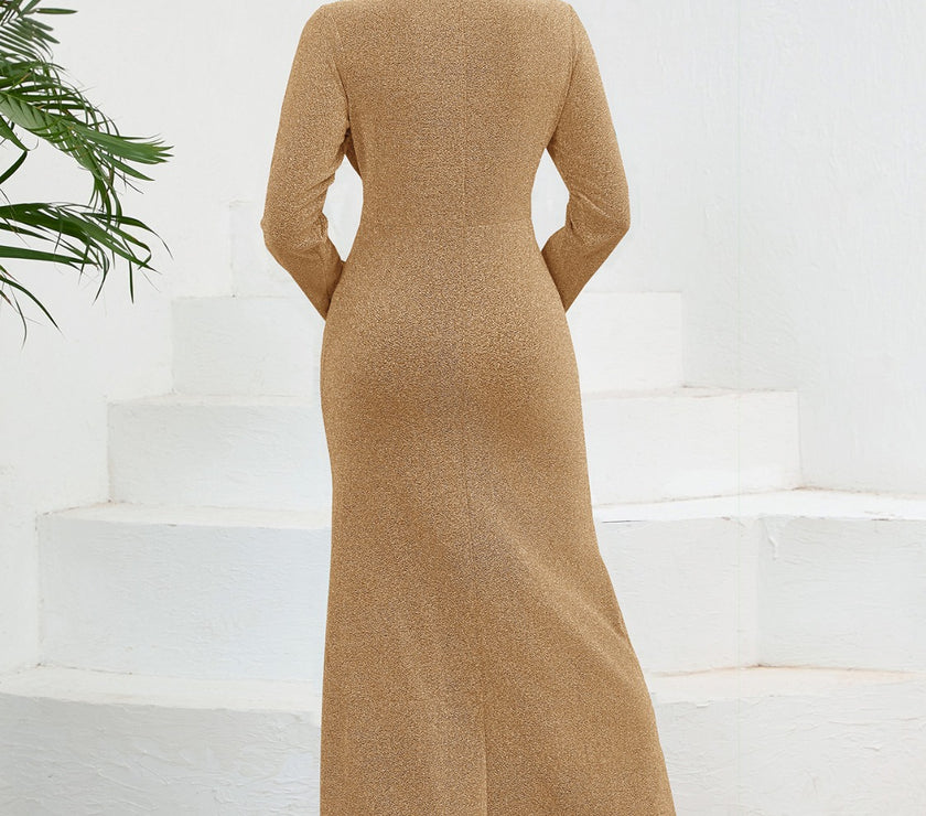 Ruched Round Neck Long Sleeve Dress