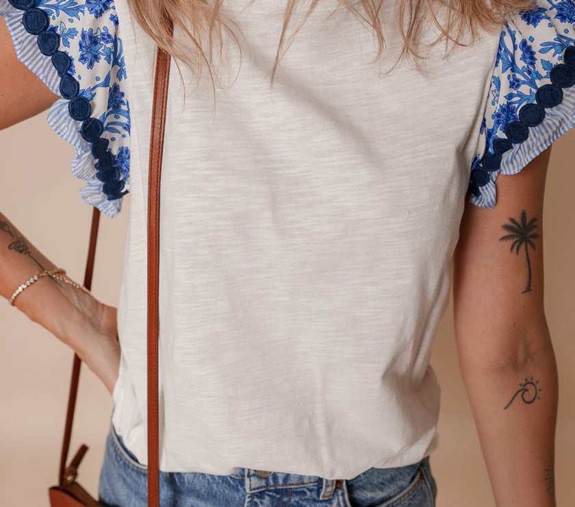 Blue Ricrac Trim Printed Flutter Sleeve Contrast Patchwork Blouse