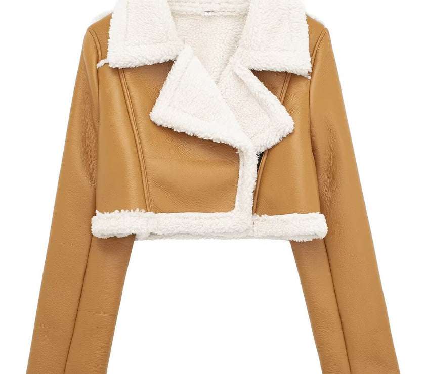 Collared Neck Long Sleeve Plush Cropped Jacket