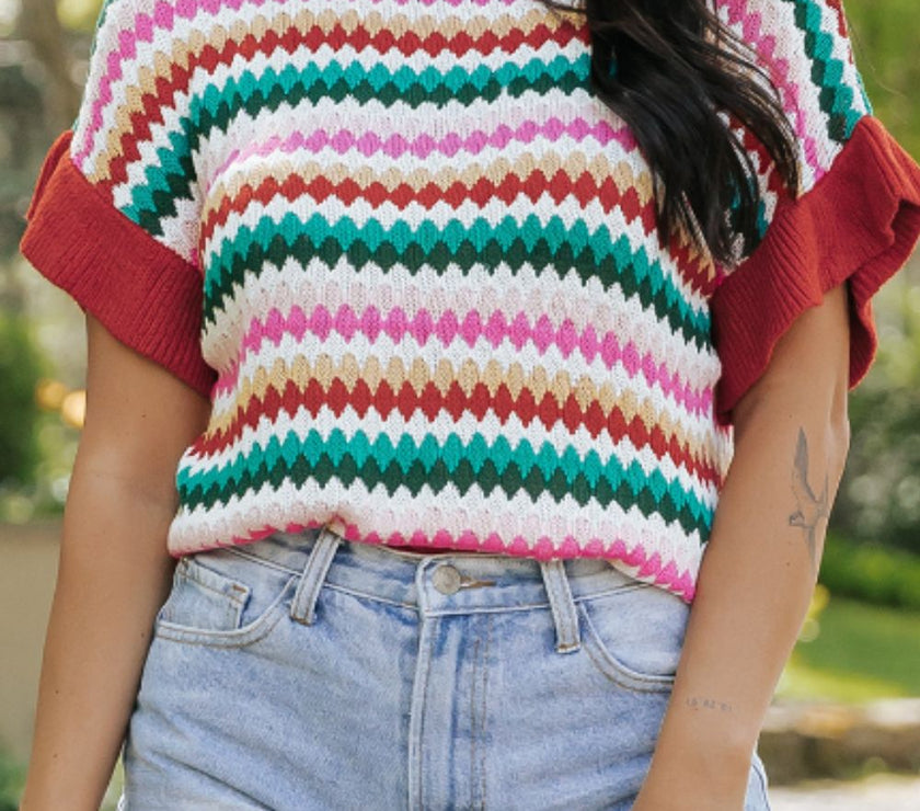 Contrast Round Neck Short Sleeve Sweater