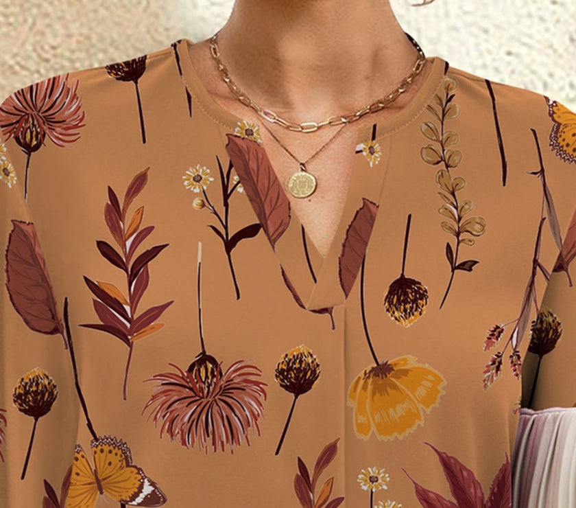 FAM-FAM Printed Notched Long Sleeve Blouse