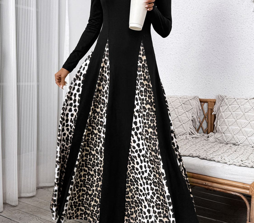 Perfee Leopard Square Neck Long Sleeve Maxi Dress