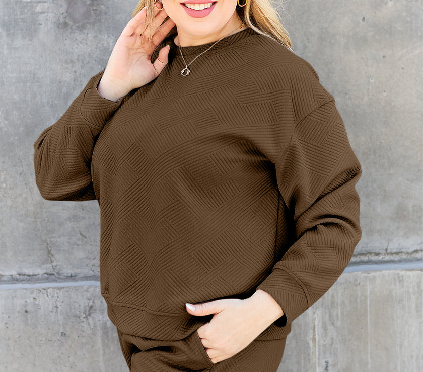 Double Take Full Size Texture Long Sleeve Top and Drawstring Shorts Set