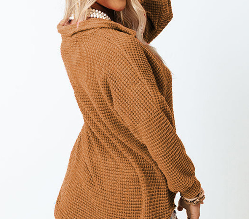Waffle-Knit Collared Neck Long Sleeve Shirt