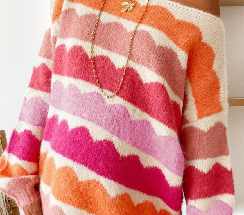 Contrast Boat Neck Long Sleeve Sweater