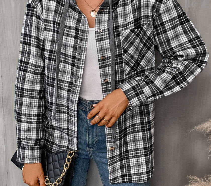 Plaid Long Sleeve Hooded Jacket