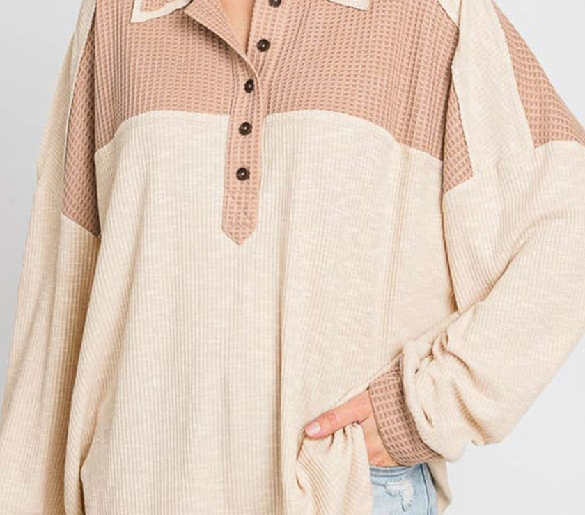 Waffle-Knit Color Block Half Button Long Sleeve Top