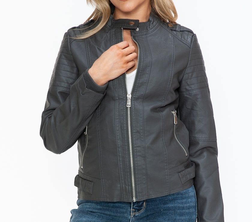 Snobbish PU Leather Biker Jacket with Side Zip Pockets