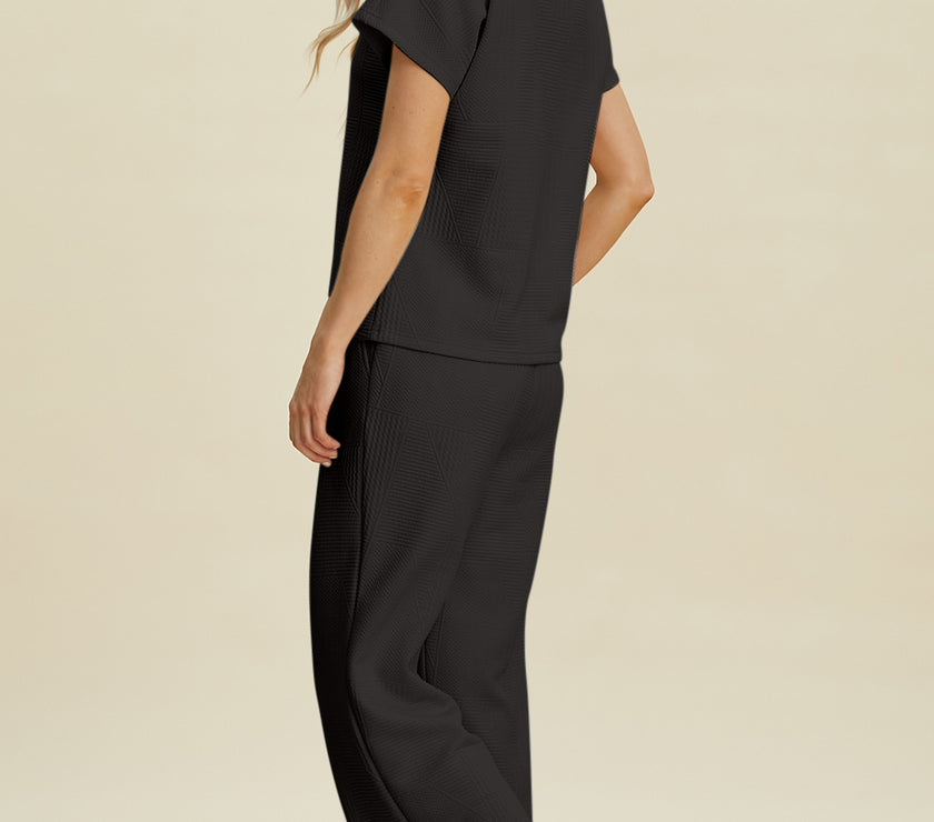 Double Take Full Size Collared Neck Short Sleeve Top and Pants Set