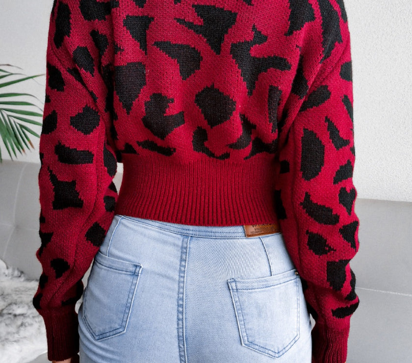 Leopard Round Neck Dropped Shoulder Sweater