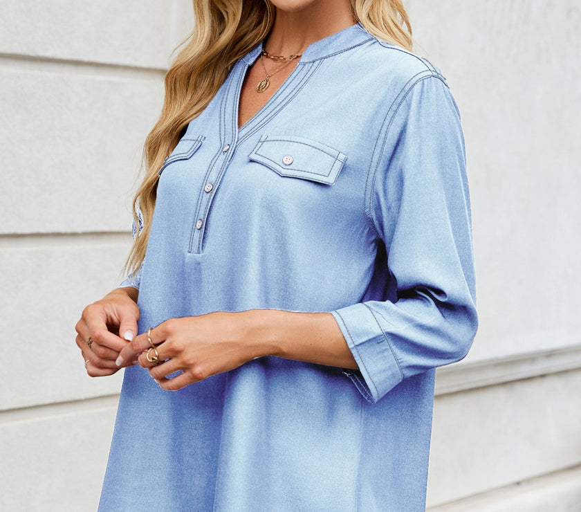 Notched Three-Quarter Sleeve Denim Top