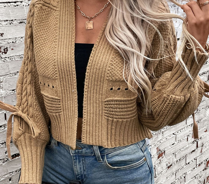 Cable-Knit Tied Open Front Lantern Sleeve Cardigan