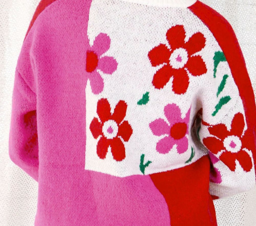 Flower Color Block Round Neck Sweater