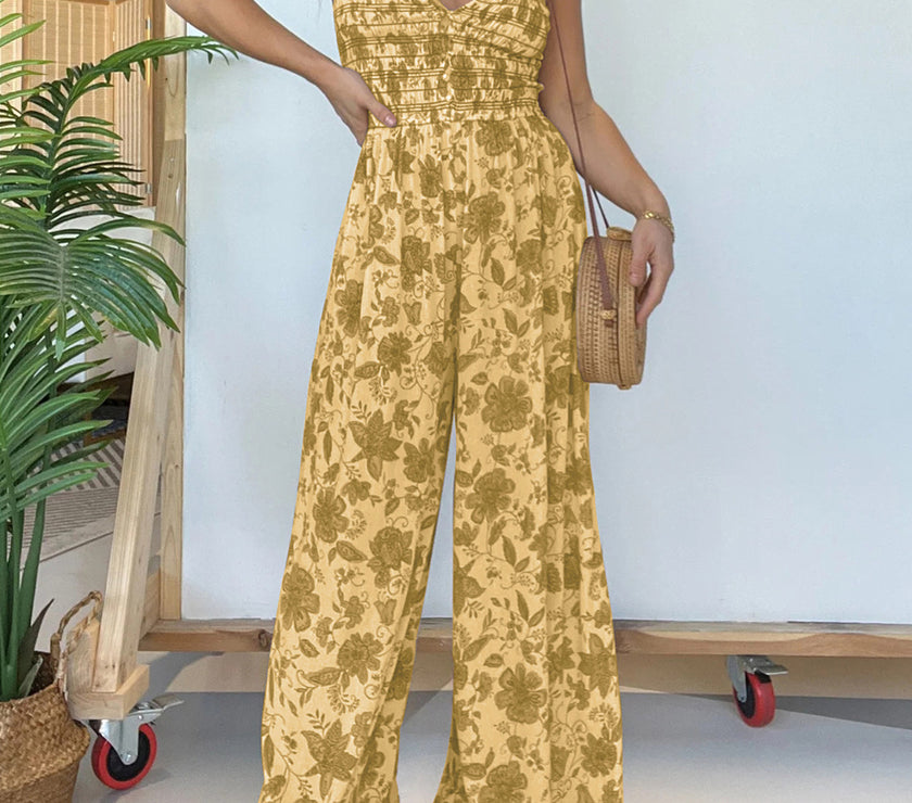 Full Size Printed Spaghetti Strap Wide Leg Jumpsuit