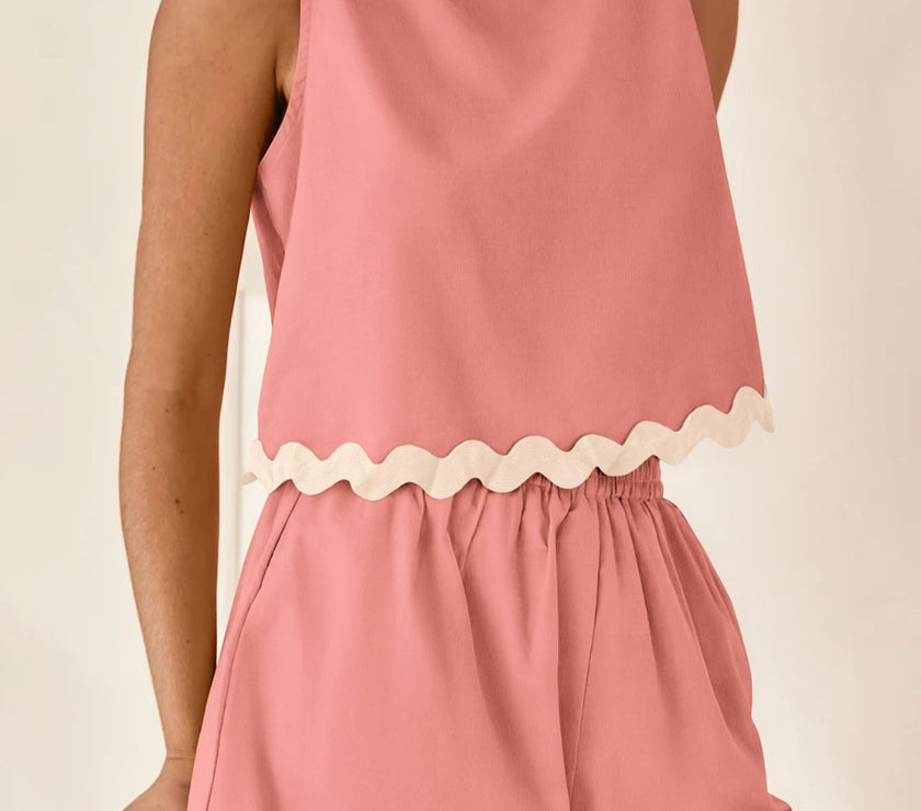 Contrast Trim Round Neck Top and Shorts Set