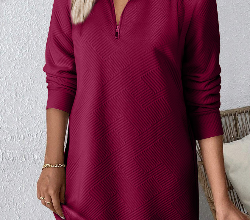 Double Take Textured Quarter Zip Long Sleeve Dress