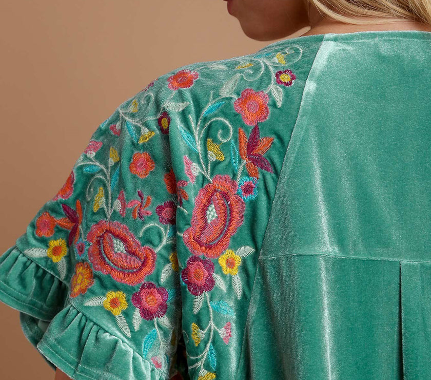 Umgee Velvet Embroidery Short Sleeve Blouse