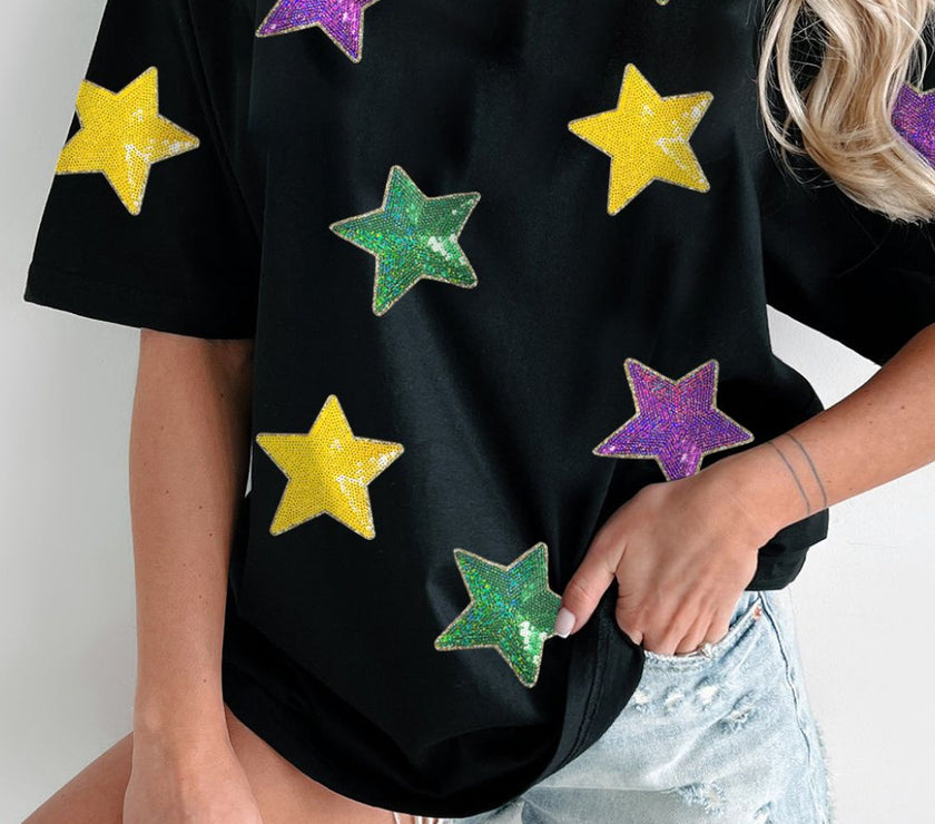 Sequin Stars Patched Round Neck T-Shirt