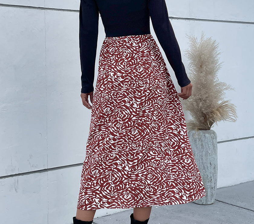 Perfee Printed Mock Neck Puff Sleeve Midi Dress